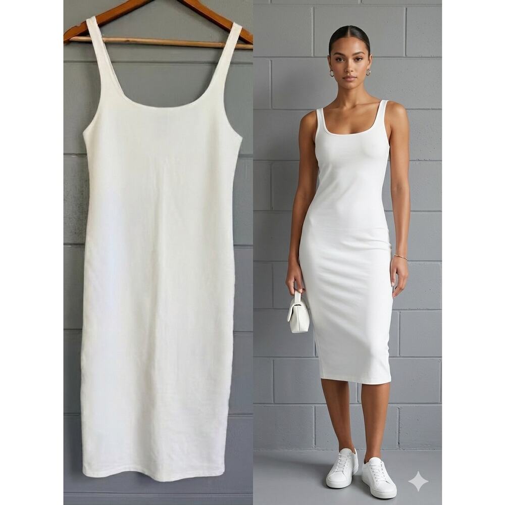 Forever 21 White Tank Dress Scoop Neck Midi Bodycon Summer Classic Size Large